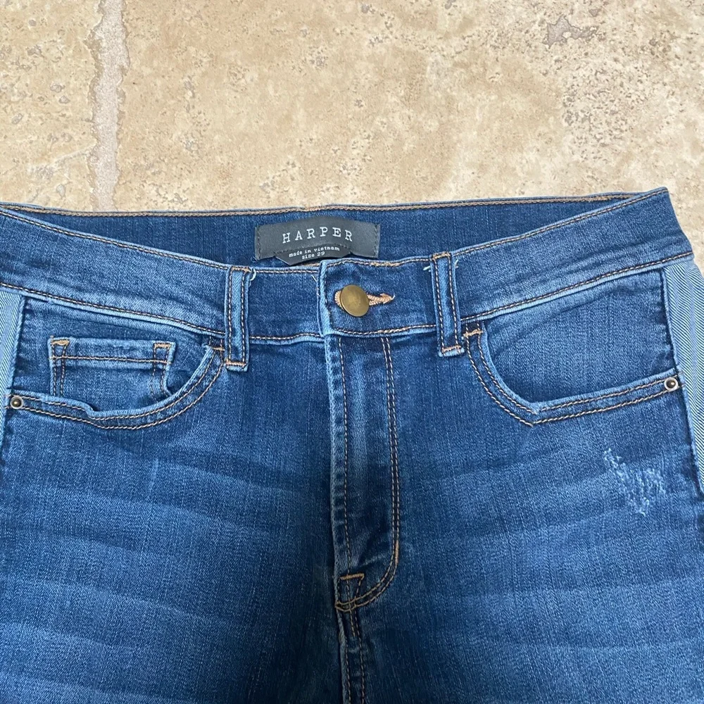 Harper High Waisted Ankle Length Jeans with Frayed Legs and Stripe Down the Side